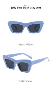 Detail view of retro jelly blue frame sunglasses with thick temples and dark grey lenses