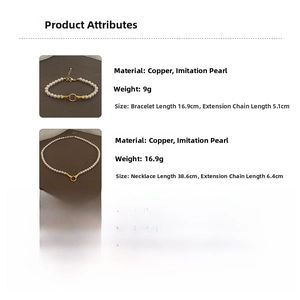 Detailed size specifications for pearl necklace and bracelet set in gold plated copper