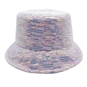 Detailed view of shimmering purple sequins on a fabric bucket hat for women