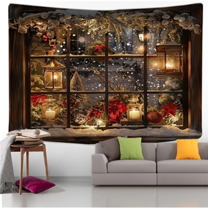 Detailed Christmas wall tapestry featuring a retro snow window scene and festive ornaments