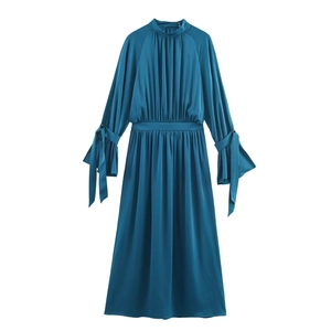 Robe Midi Élégante En Satin Col Montant Manches Lanternes Poignet À Nœud Couleur Unie Texture Satin Soirée Femme