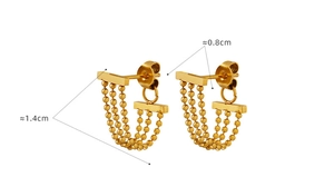 Close-up of gold beaded fringe stud earrings showing 1.4cm height and 0.8cm width