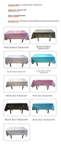 Close-up detail of plastic PET party tablecloths with star and dot patterns in various colors