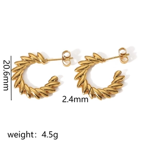 Macro view of 18k gold plated stainless steel twisted C-hoop earrings with sizing info