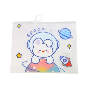 Frosted translucent pencil case with cartoon astronaut rabbit pattern and round zipper pull