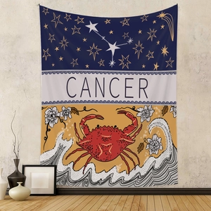 Detail of Cancer zodiac wall tapestry featuring blue starry sky and golden crab patterns