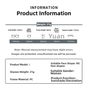 Detailed technical dimensions and frame measurements for oversized fashion sunglasses