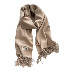 Soft beige cashmere-style winter scarf for women and men with elegant tassel edges