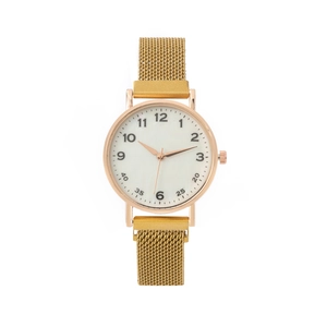 Elegant gold women's watch with white dial and breathable mesh strap on white background