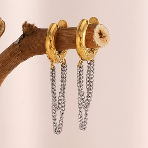 Elegant 18K gold-plated stainless steel chain tassel earrings on a wooden branch