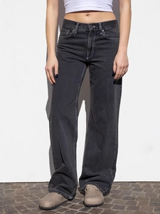 High-waisted washed dark grey wide-leg denim jeans with vintage distressed finish for women