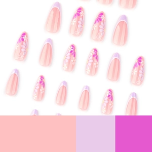 Pink and lilac floral press-on nails with French tips and elegant bow patterns
