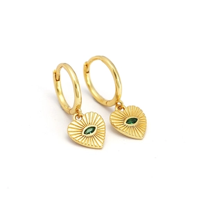 925 Sterling silver heart hoop earrings with green gemstone and radiating texture