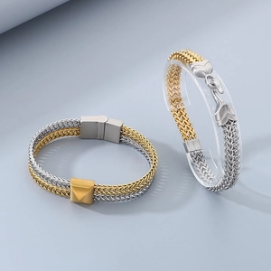 Detailed view of dual-tone fish scale braided stainless steel bracelets with magnetic clasps