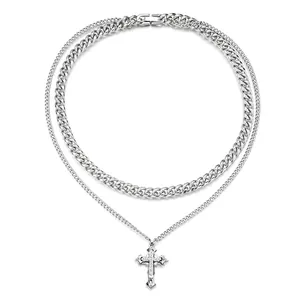 Stainless Steel Cross Pendant Necklace For Men Women Hip Hop Double Layer Cuban Link Chain Rhinestone Inlaid Jewelry