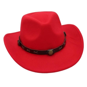 Detail of red felt cowboy hat featuring brown leather band with vintage metal buckles