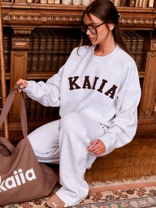 Damen American High Street Baumwolle Sweatshirt Oberteil Und Hose Bestickte Buchstaben Rundhals Lockerer Jogginghose Sportoutfit