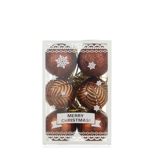 Brown Christmas ball set with glitter and snowflake patterns in a transparent gift box