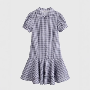 Vestito Mini A Quadretti Gingham Poliestere Manica Corta Colletto A Revers Bottoni Orlo Con Volant A Strati Stile Retrò Donne