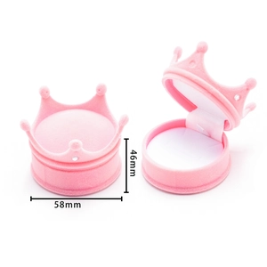 Pink crown velvet jewelry box with size dimensions showing open and closed views
