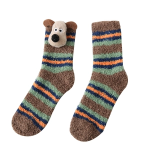 Striped coral fleece socks featuring a 3D plush puppy head for winter warmth