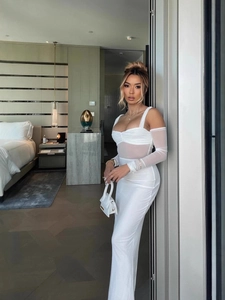 Robe Longue Moulante Empiècement En Maille Avec Manches Longues Détachables Sexy Froncée Soirée Femmes