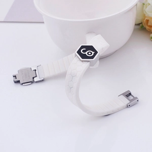 White silicone energy sport bracelet with stainless steel buckle and hexagon logo