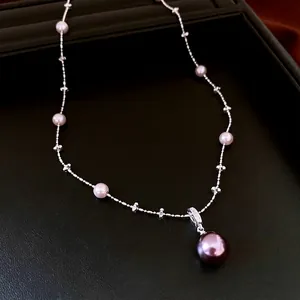 French Style Pendant Necklace Copper Zircon Imitation Purple Pink Artificial Pearls Elegant Jewelry For Women