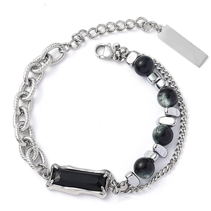 Cat's eye stone and black obsidian titanium steel bracelet with a layered chain design
