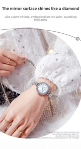 Close-up of a silver rhinestone watch with a white Roman numeral dial and chain strap