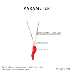 Detailed parameter display of a red chili pepper pendant on a gold stainless steel chain