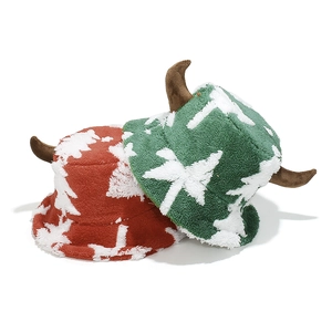 Chic plush Christmas tree bucket hats with creative horns in festive red and green colors