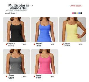 Detail of cross-back yoga bras in five vibrant colors with ribbed seamless fabric