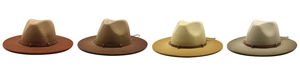Flat brim wool felt fedora hats in varied colors with decorative brown leather bands