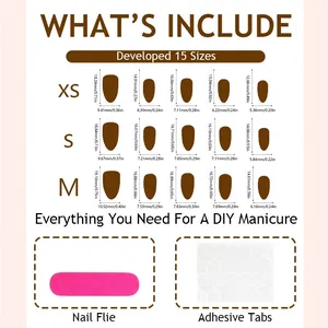 Short press-on nail size chart with 15 dimensions including nail file and adhesive tabs