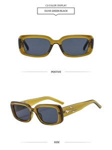 Macro detail of olive green rectangle sunglasses with star accents and black lenses