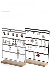 Detailed view of 5-tier metal earring holder with a solid wooden base in black and white