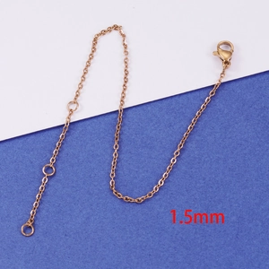 Detail of 1.5mm rose gold stainless steel O-chain with lobster clasp and extension links