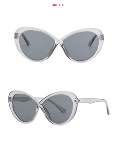 Dettaglio degli occhiali da sole a farfalla cat eye grigio trasparente con lenti grigie