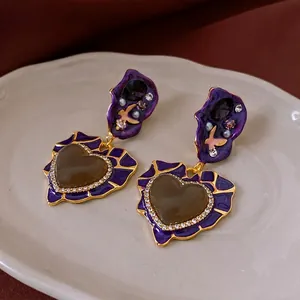 Vintage Baroque Heart Drop Earrings Purple Enamel Rhinestone Resin With Silver Earring Post Palace Style For Women