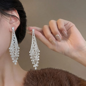 Elegant silver needle tassel earrings with sparkling rhinestones in a long drop design