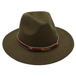 Close-up of olive green wool fedora hat with braided band and metal feather charm