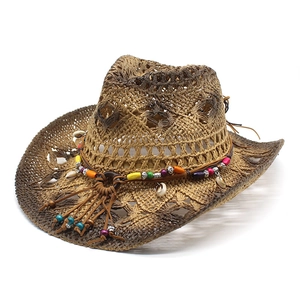 Western Cowboy Straw Hat Bohemian Hollow Out Wide Brim Sun Protection Summer Beach Gradient Color With Shell Beads