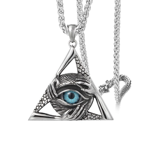 Vintage silver triangle evil eye pendant with blue iris on a twisted chain necklace