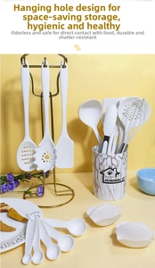Detailed view of silicone spatula set with marble holder and hanging hole design