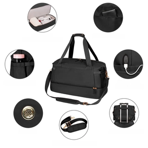 Detail view of gym bag with shoe compartment, USB port, and rose gold zippers