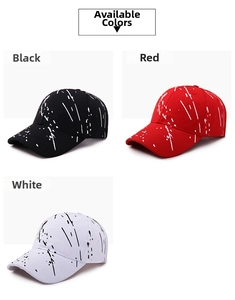 Detail view of cotton baseball caps with splash ink patterns in black, red and white