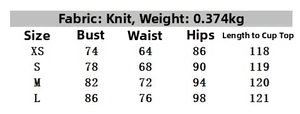 Detailed sizing chart for sequined strap dress in XS to L with knit fabric specifications