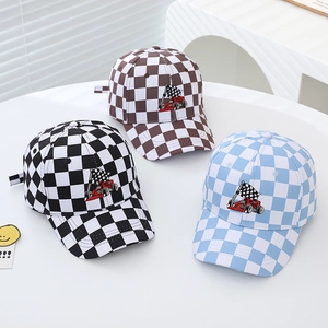 Kids Cotton Baseball Cap Checkerboard Racing Car Embroidery Sun Hat Adjustable Curved Brim For Boys Girls