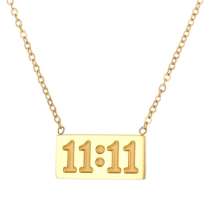 Minimalist gold stainless steel 11:11 angel number pendant necklace on white background